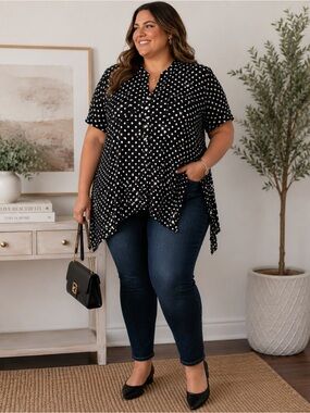 Brittany Black XL Black White PolkaDot Shimmer Satin Blouse Asymmetrical Hem Top